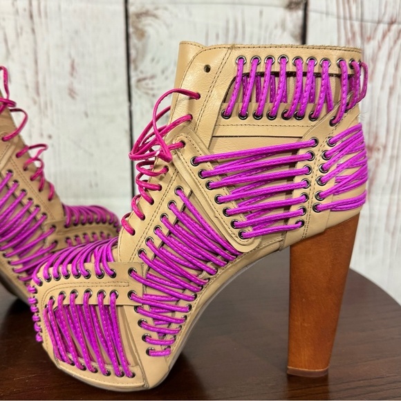 JEFFREY CAMPBELL LITA LACED in Neon Pink & Purple On Tan Leather Ankle Boots 6.5 - Picture 10 of 16